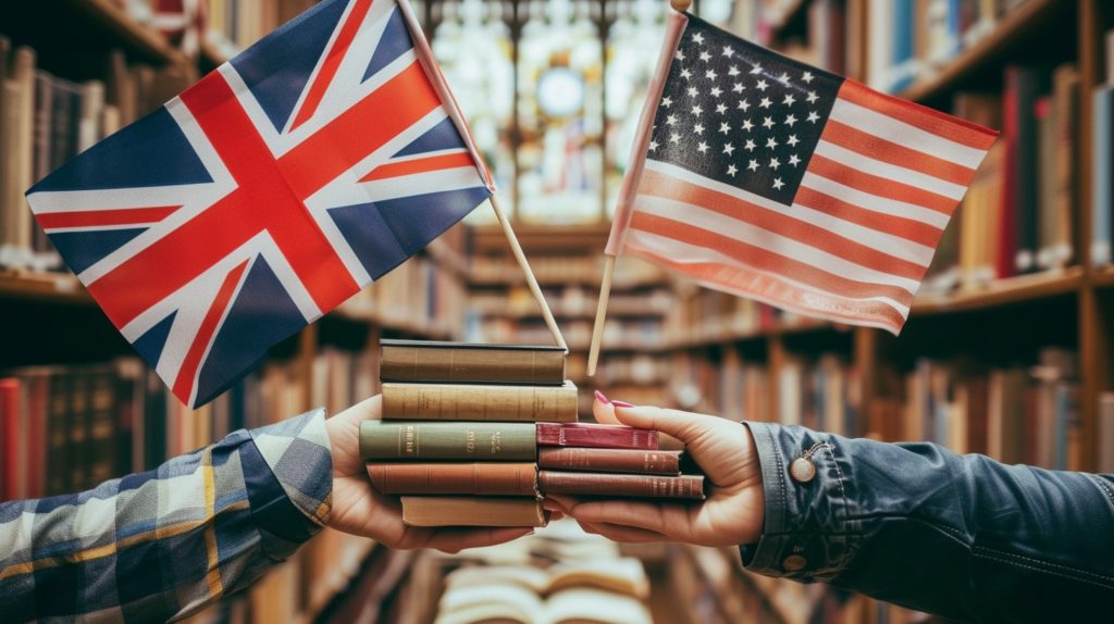 Ręce trzymające słowniki do angielskiego, brytyjskiego i amerykańskiego